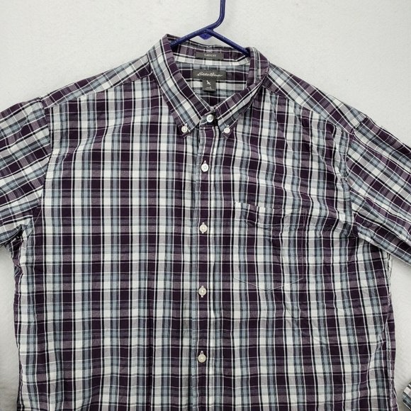 EDDIE BAUER Shirt Men's L/S Casual Button Up Collared Plaid Purple Gray Large - Picture 6 of 12